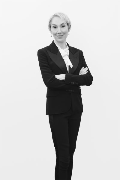 Author Justine Picardie in a black suit