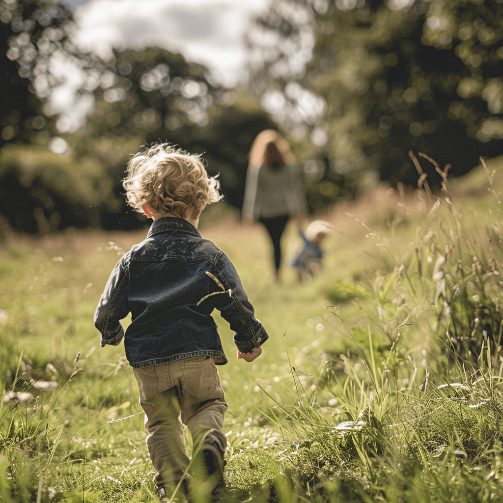 A child with his back to us runs in the English countryside