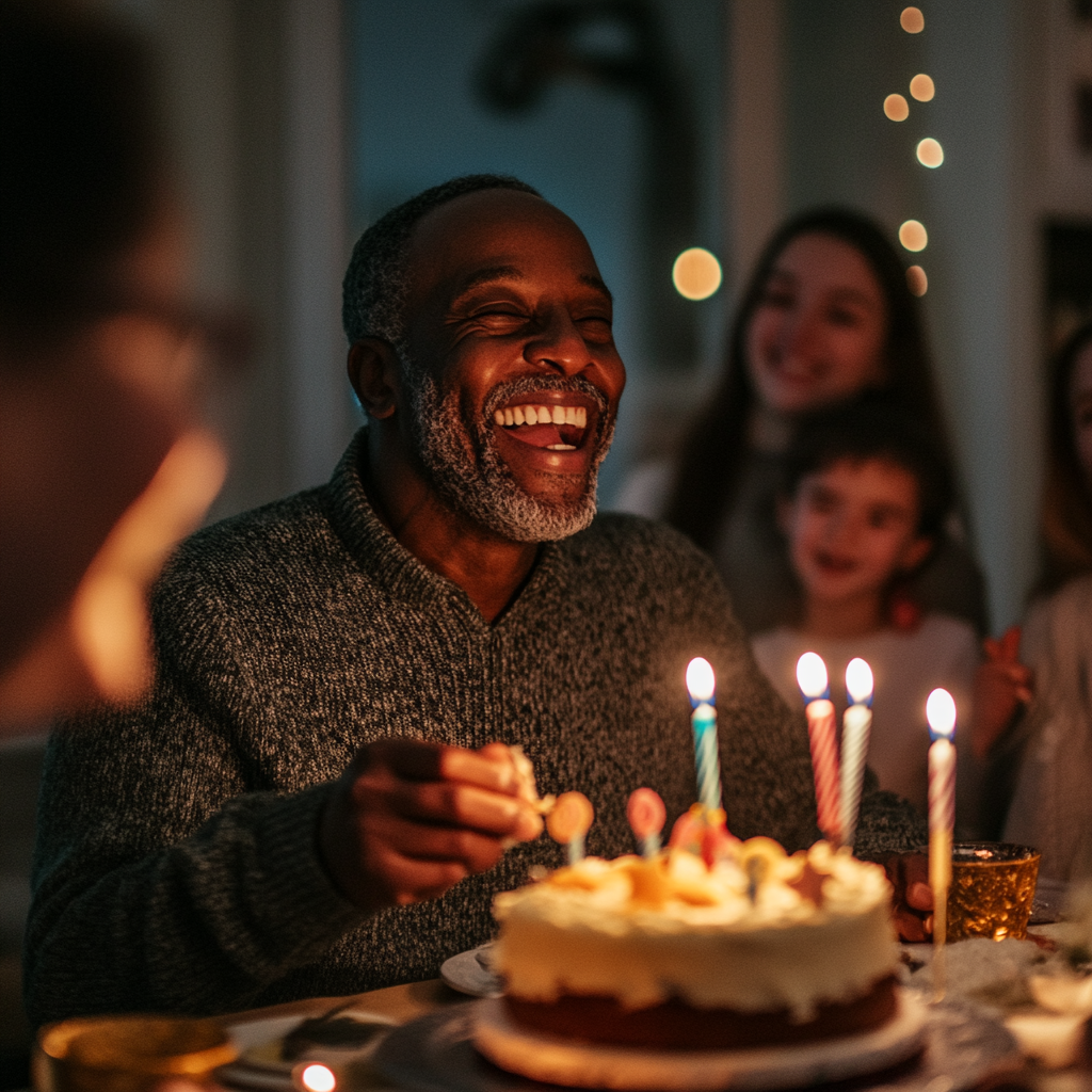 A man sits in front of a birthday cake with lit candles. He is laughing and his family is behind him.