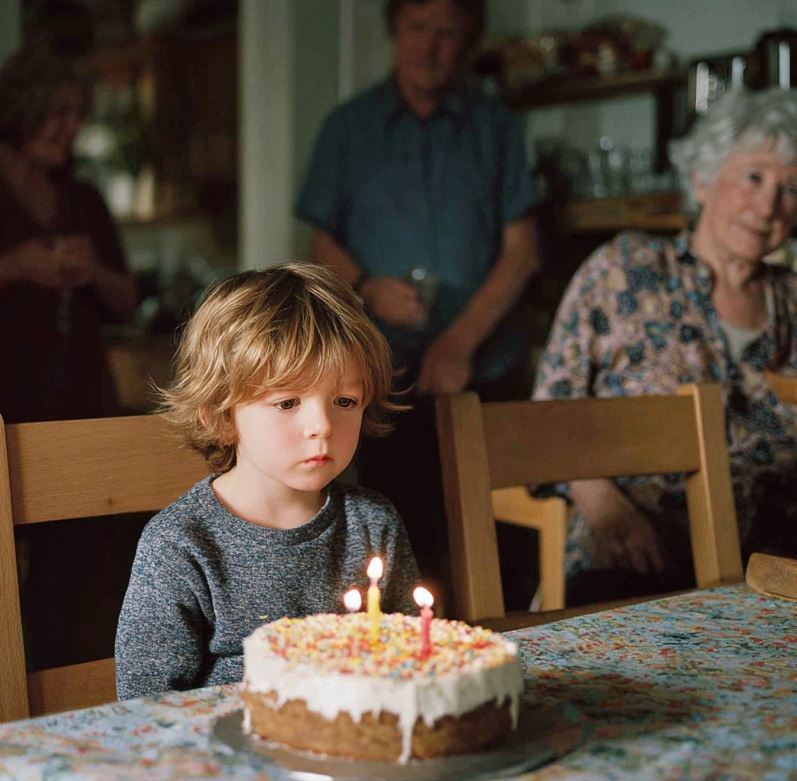 A sad-looking child looks at a birthday cake with family members in the background
