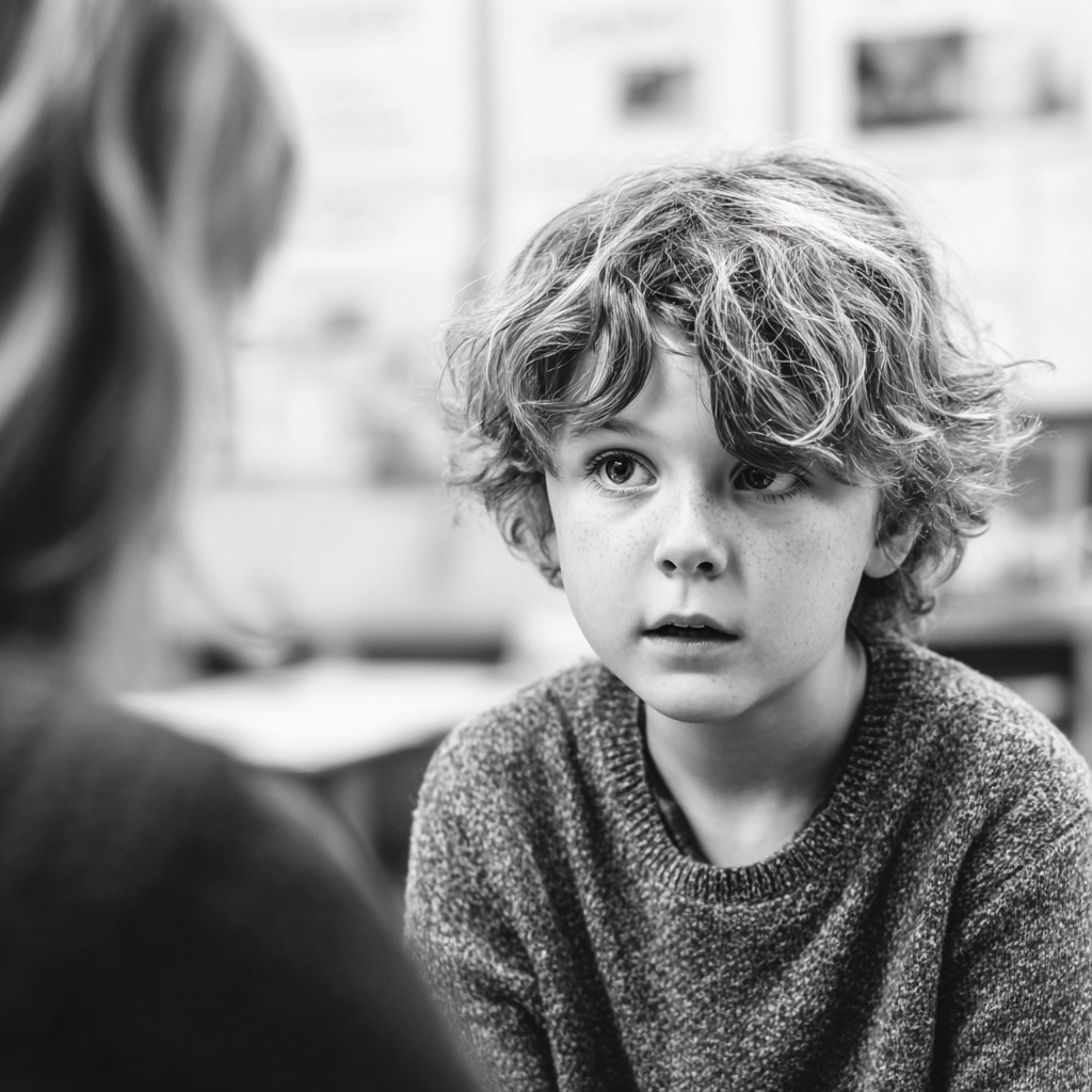 A child talking to a counsellor. The image is in black and white.